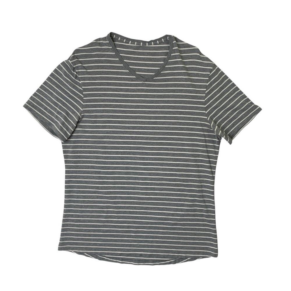 Lululemon T Shirt Mens L Gray White V Neck Striped Short Sleeve Lightweight Tee